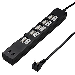 個別スイッチ付タップ 5個口+USB2ポート 高出力3.4Aタイプ 雷ガード付 コード長2m ブラック KS752BK2UDNZ